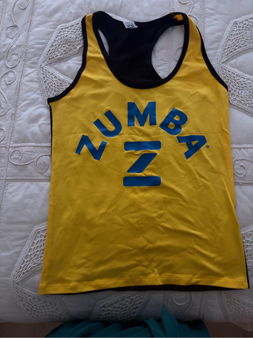 Zumba Fitness woman Yellow Tank with Blue Logo and Black Trim